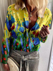 Blouses Casual Print Lapel Long Sleeve Blouse for Women
