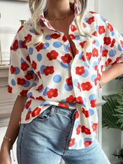 Blouses Casual Print Lapel Short Sleeve Blouse for Women