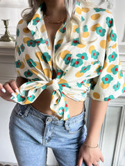 Blouses Casual Print Lapel Short Sleeve Blouse for Women
