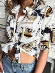 Blouses Casual Print Lapel Short Sleeve Blouse for Women