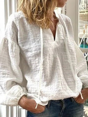 Blouses Casual Solid V-Neck Long Sleeve Blouse for Women