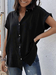 Blouses Casual Solid Vintage Short Sleeve Blouse for Women