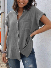 Blouses Casual Solid Vintage Short Sleeve Blouse for Women