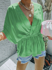 Blouses Casual V-Neck Elastic Waist Short Sleeve Blouse for Women