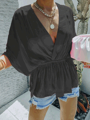 Blouses Casual V-Neck Elastic Waist Short Sleeve Blouse for Women