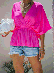 Blouses Casual V-Neck Elastic Waist Short Sleeve Blouse for Women