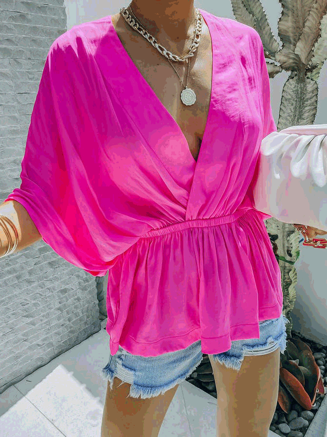 Blouses Casual V-Neck Elastic Waist Short Sleeve Blouse for Women