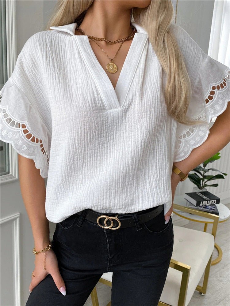 Blouses Casual V-Neck Lace Short Sleeve Blouse for Women