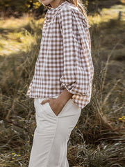 Blouses Check Button Lantern Long Sleeve Blouse for Women