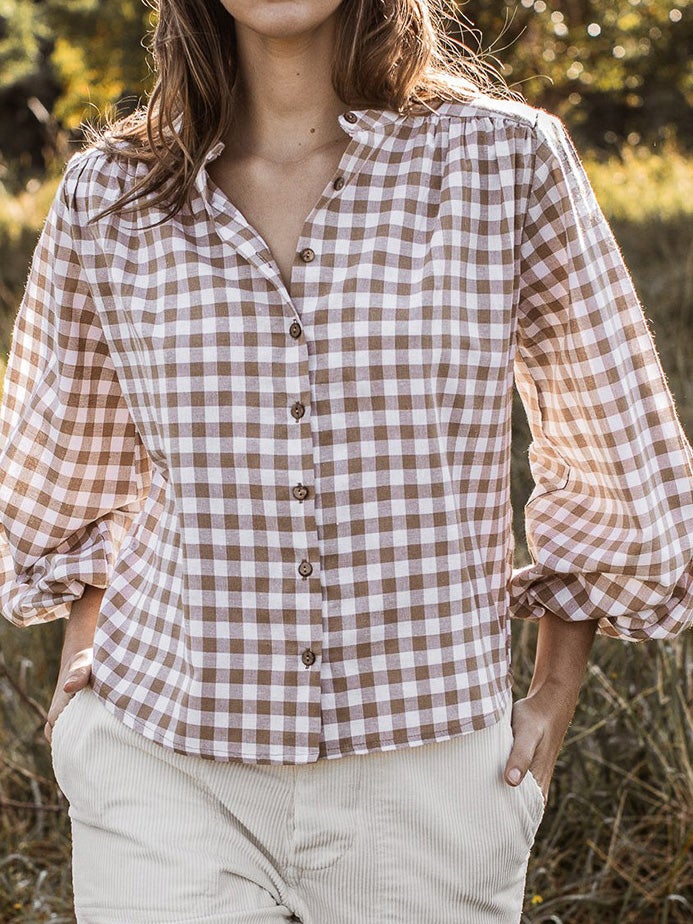Blouses Check Button Lantern Long Sleeve Blouse for Women