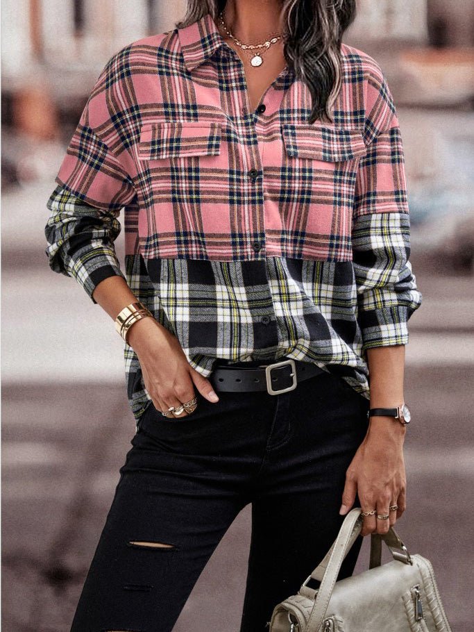 Blouses Check Button Long Sleeve Blouses for Women