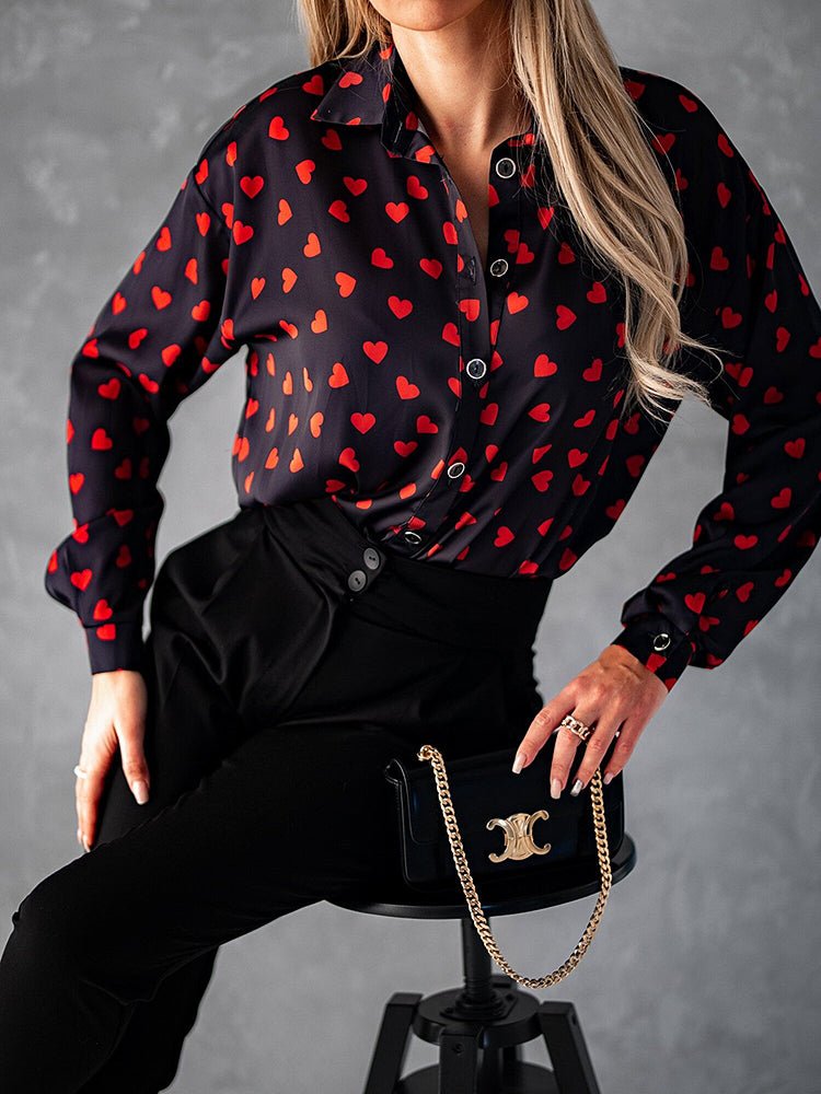 Blouses Collar Drop Shoulder Heart Print Blouse for Women