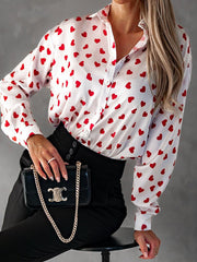 Blouses Collar Drop Shoulder Heart Print Blouse for Women