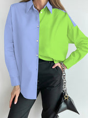 Blouses Colorblock Lapel Button Long Sleeve Blouse for Women