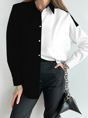 Blouses Colorblock Lapel Button Long Sleeve Blouse for Women