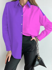 Blouses Colorblock Lapel Button Long Sleeve Blouse for Women