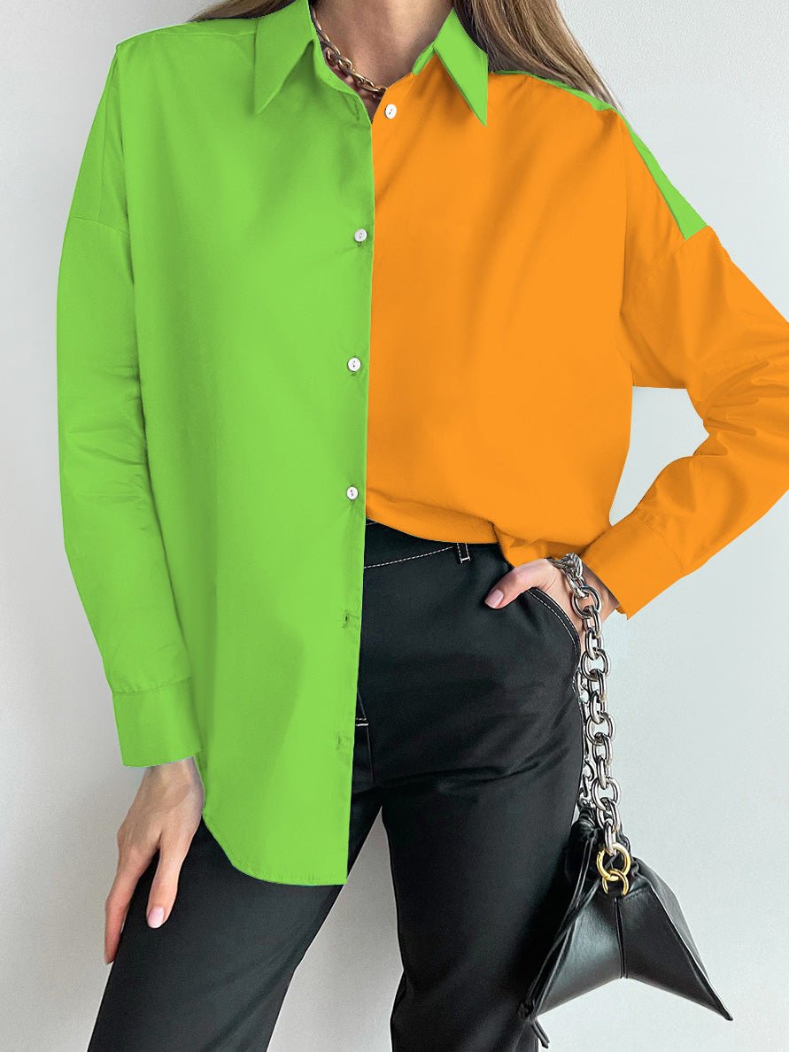 Blouses Colorblock Lapel Button Long Sleeve Blouse for Women