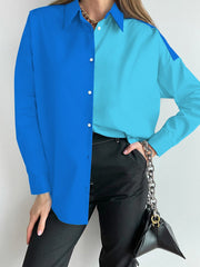 Blouses Colorblock Lapel Button Long Sleeve Blouse for Women