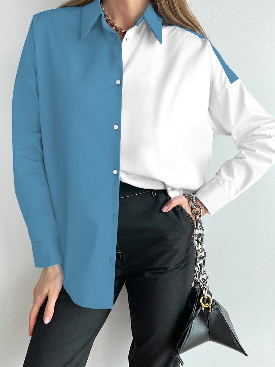 Blouses Colorblock Lapel Button Long Sleeve Blouse for Women