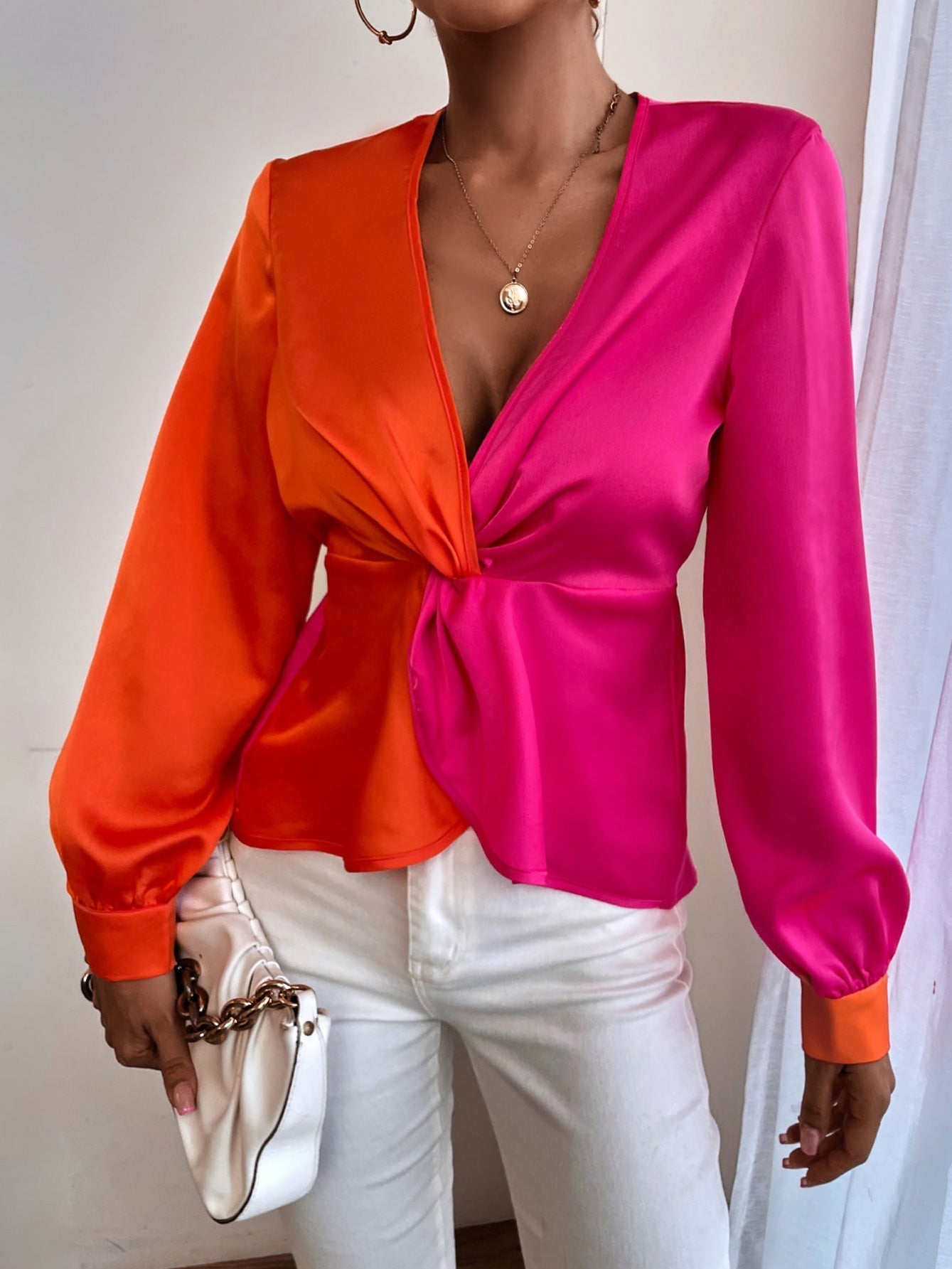 Blouses Colorblock V-Neck Long Sleeve Blouse for Women