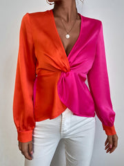 Blouses Colorblock V-Neck Long Sleeve Blouse for Women