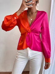 Blouses Colorblock V-Neck Long Sleeve Blouse for Women