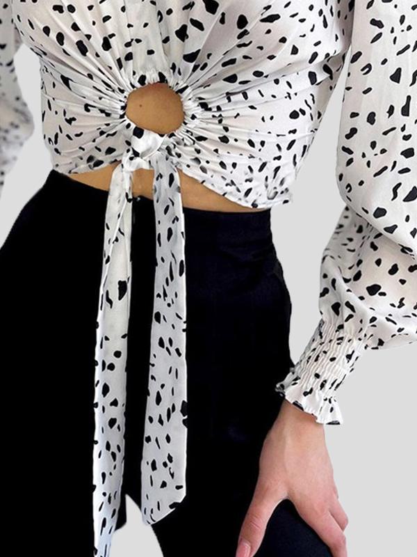 Blouses Cow Pattern V-Neck Tie Hollow Long Sleeve Crop Blouse for Women