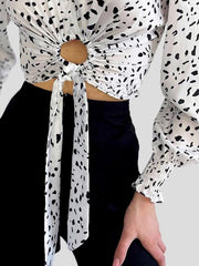 Blouses Cow Pattern V-Neck Tie Hollow Long Sleeve Crop Blouse for Women