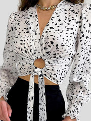 Blouses Cow Pattern V-Neck Tie Hollow Long Sleeve Crop Blouse for Women