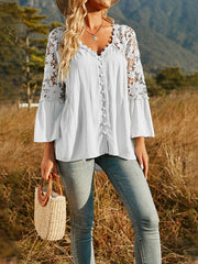 Blouses Deep V-Neck Lace Hollow Long Sleeve Blouses for Women