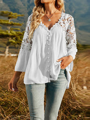 Blouses Deep V-Neck Lace Hollow Long Sleeve Blouses for Women