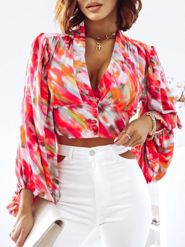 Blouses Deep V Neck Print Balloon Sleeve Blouse for Women