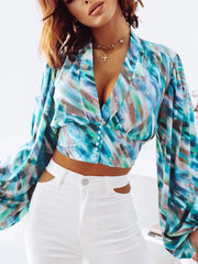 Blouses Deep V Neck Print Balloon Sleeve Blouse for Women