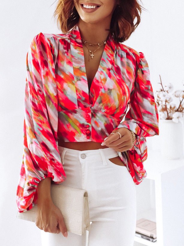 Blouses Deep V Neck Print Balloon Sleeve Blouse for Women