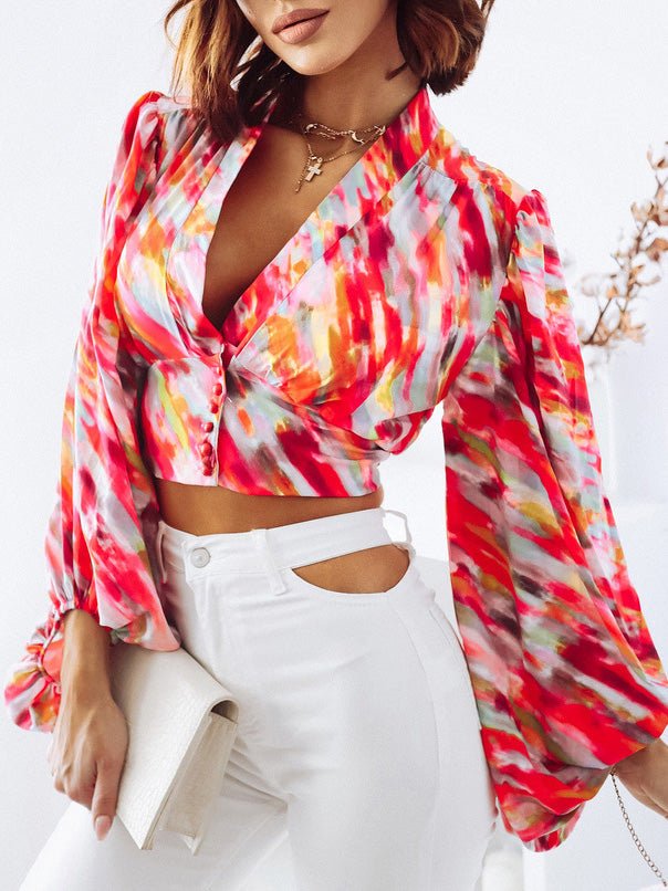 Blouses Deep V Neck Print Balloon Sleeve Blouse for Women