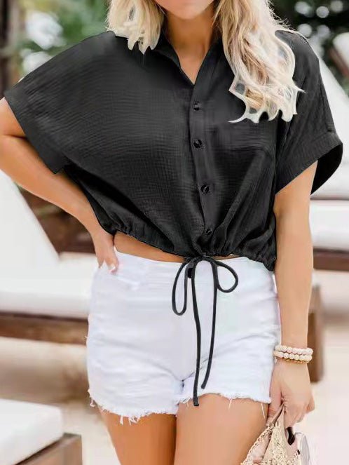 Blouses Drawstring Button Crop Short Sleeve Blouse for Women