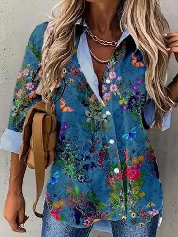 Blouses Fashion Multicolor Print Lapel Long Sleeve Blouse for Women