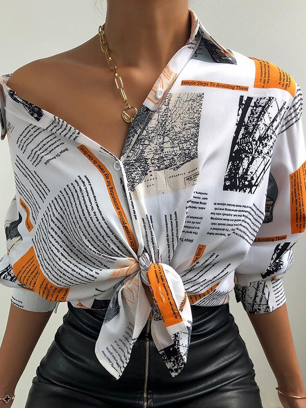 Blouses Fashion Print Lapel Long Sleeve Blouse for Women