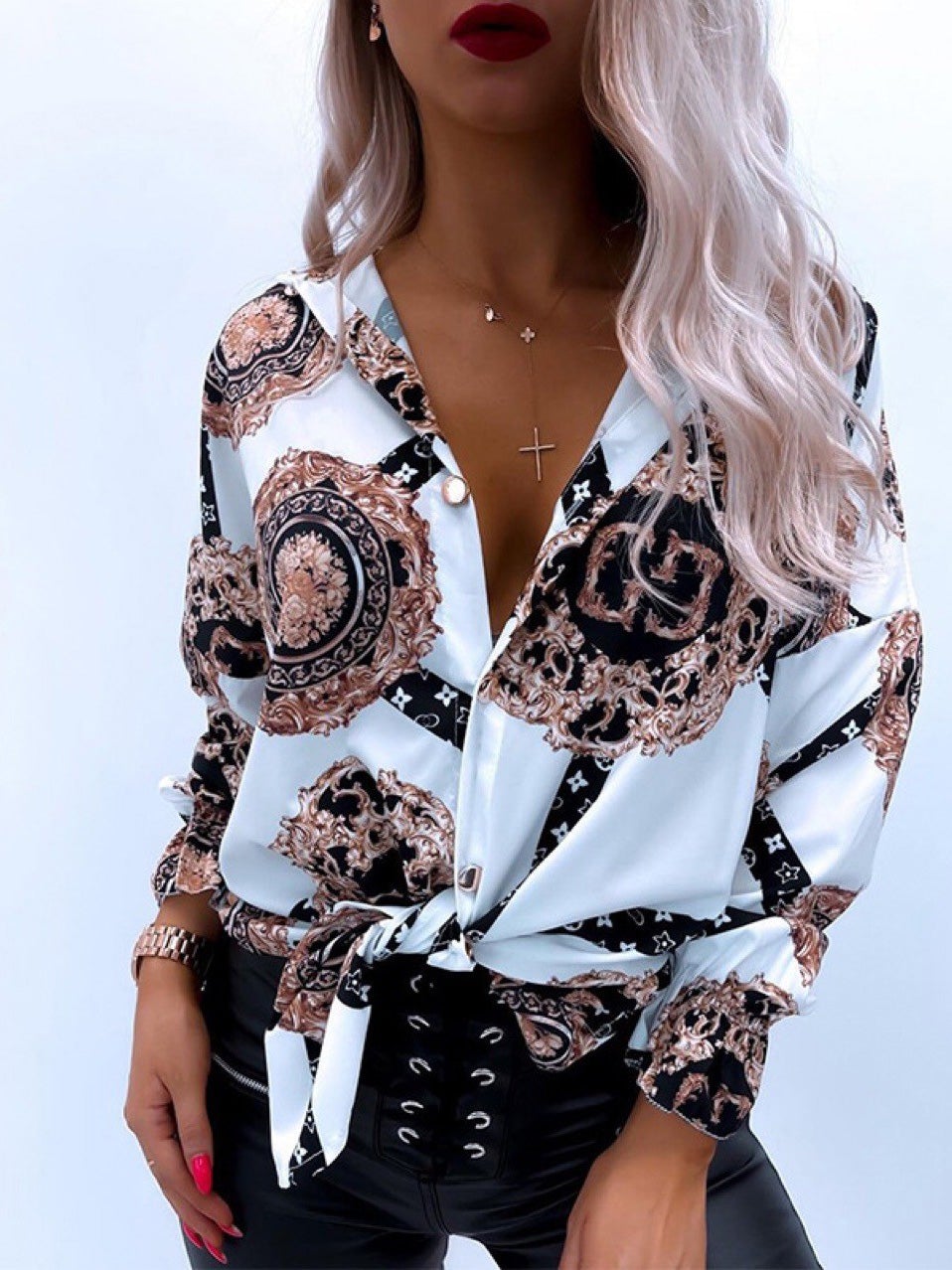 Blouses Fashion Print Lapel Long Sleeve Blouse for Women