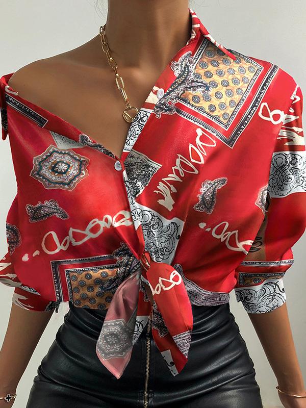 Blouses Fashion Print Lapel Long Sleeve Blouse for Women