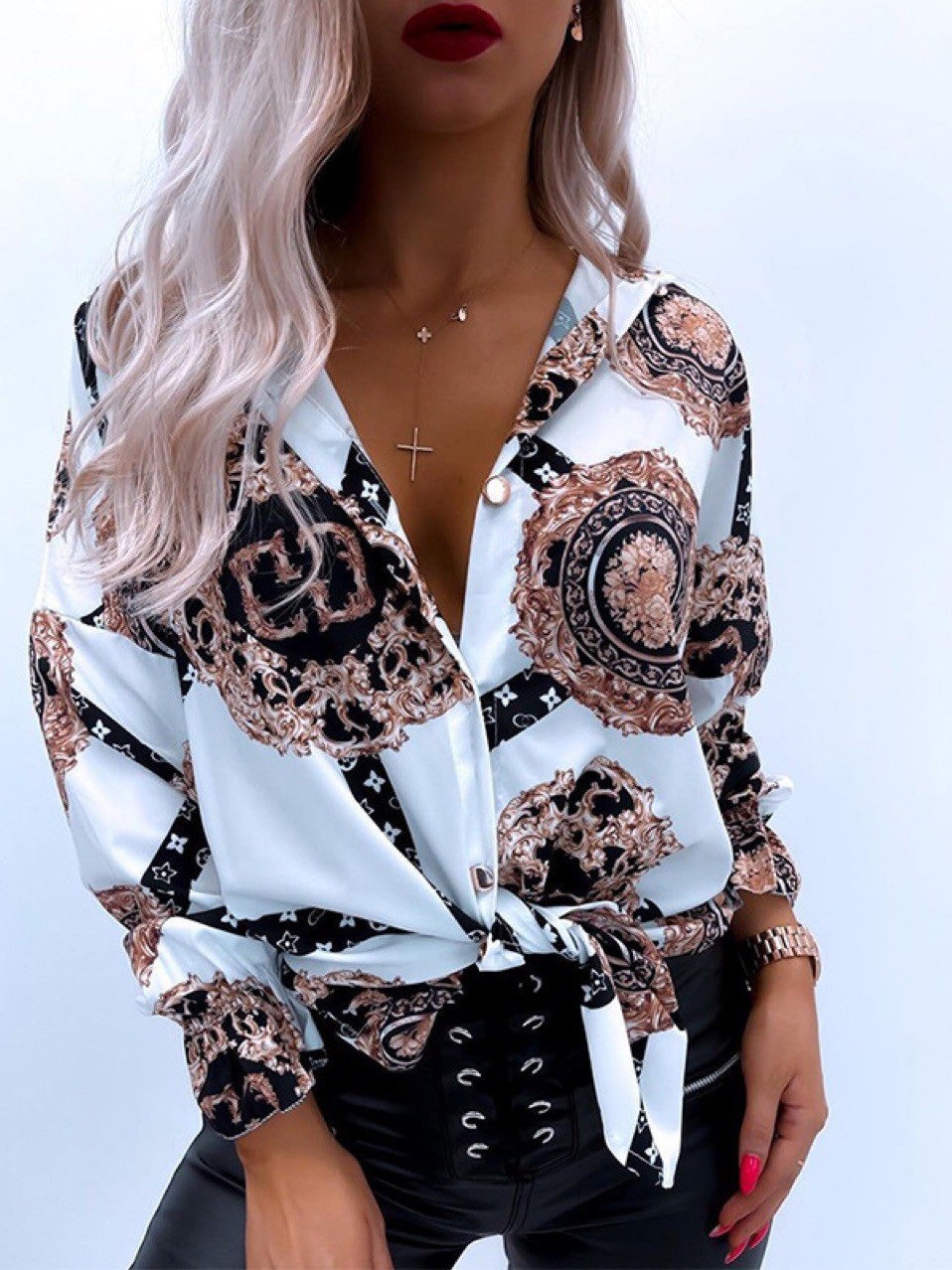 Blouses Fashion Print Lapel Long Sleeve Blouse for Women