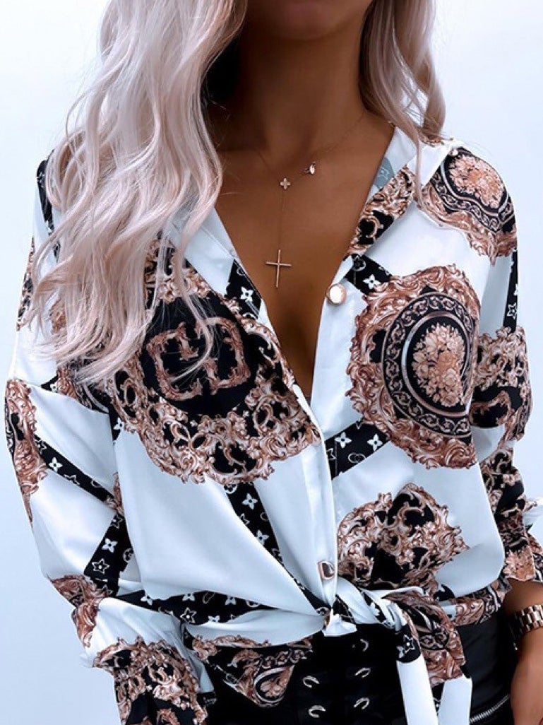 Blouses Fashion Print Lapel Long Sleeve Blouse for Women