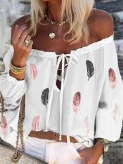 Blouses Feather Print Boat Neck Long Sleeve Chiffon Blouses for Women