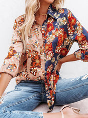 Blouses Floral Contrast Print Long Sleeve Lapel Button Blouses for Women