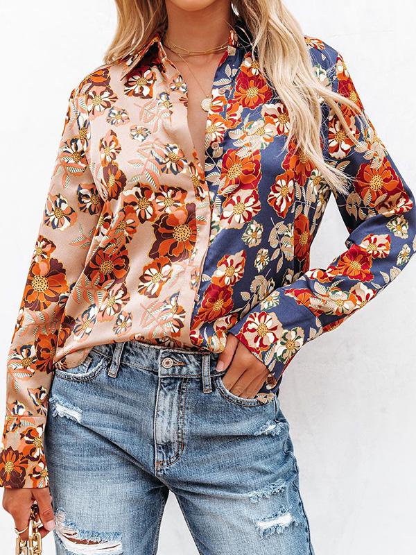 Blouses Floral Contrast Print Long Sleeve Lapel Button Blouses for Women