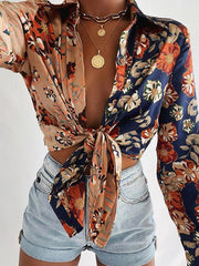 Blouses Floral Contrast Print Long Sleeve Lapel Button Blouses for Women