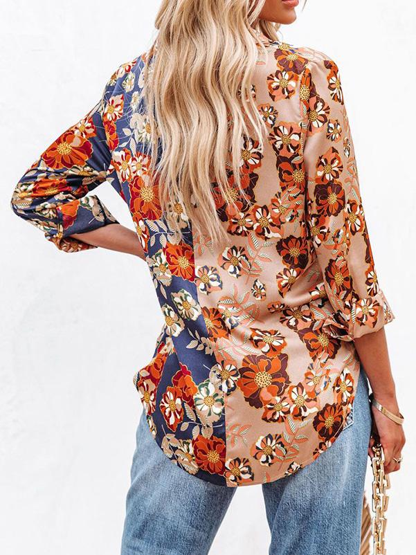 Blouses Floral Contrast Print Long Sleeve Lapel Button Blouses for Women