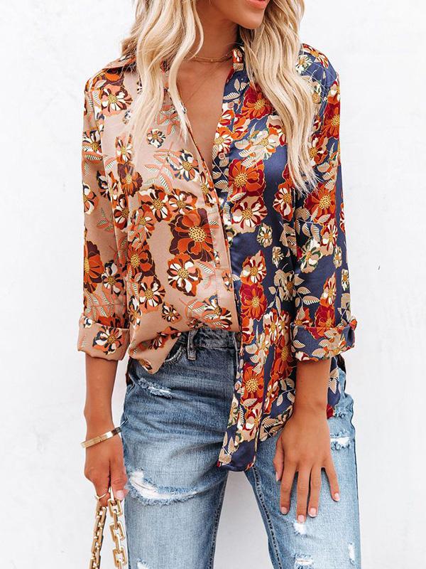 Blouses Floral Contrast Print Long Sleeve Lapel Button Blouses for Women