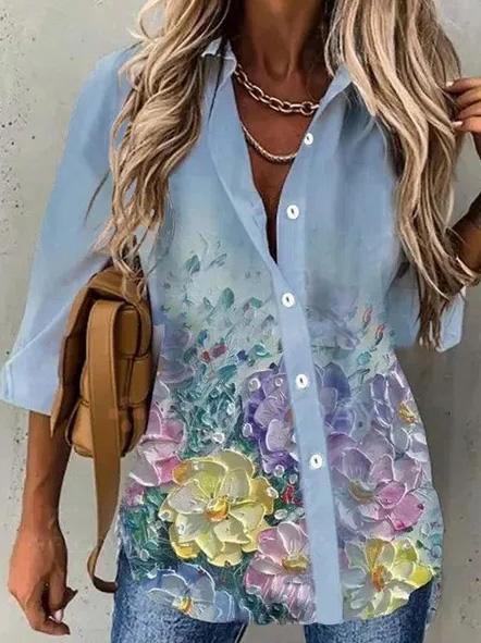 Blouses Floral Long Sleeve Single-Breasted Lapel Blouse for Women