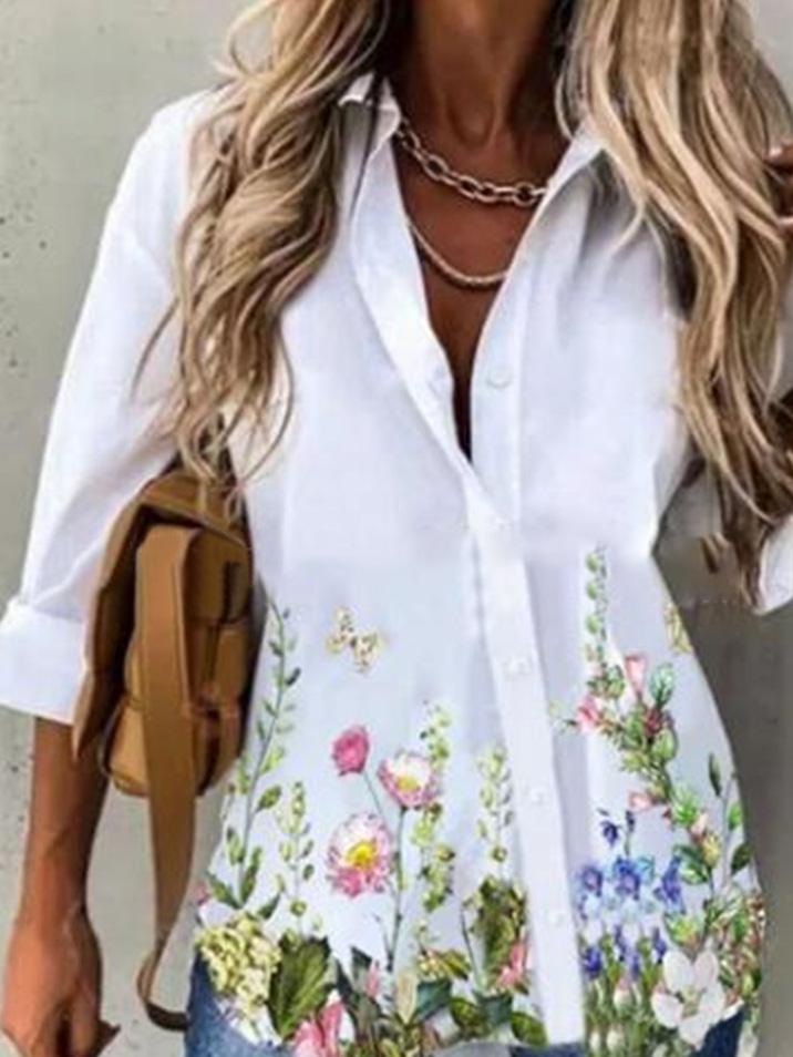 Blouses Floral Long Sleeve Single-Breasted Lapel Blouse for Women